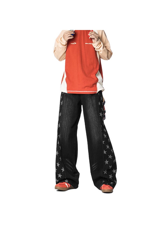Izexx American Vintage Washed Denim Jeans Men Spring Star Curved Dagger Deconstructed Wide-leg Casual Pants Zk11 Black XL - Image 5