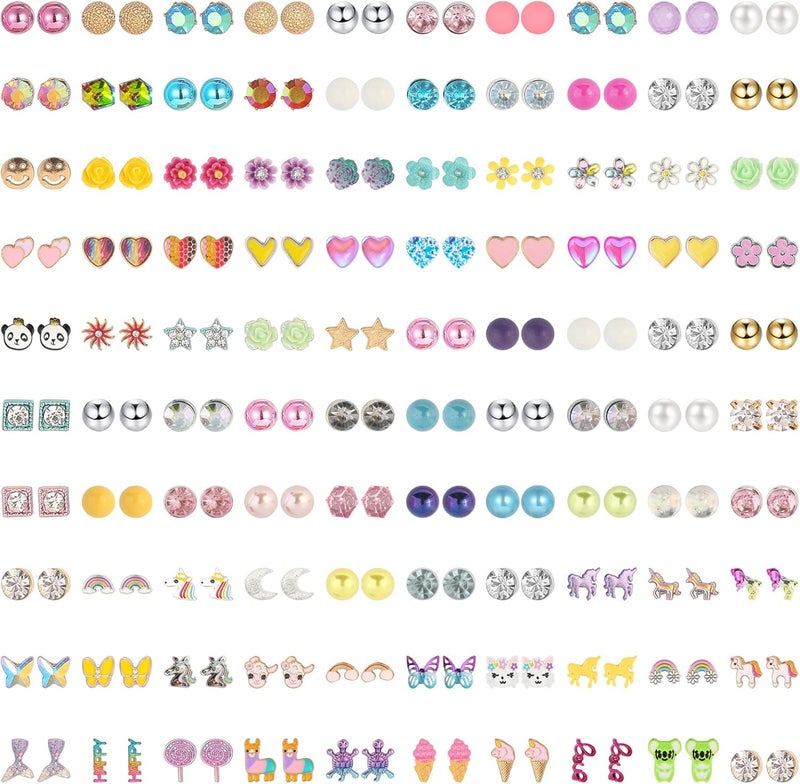 NEWITIN 100 Pairs Colorful Cute Earrings for Girls Sensitive Ears Hypoallergenic Girl Stud Earrings Set Stainless Steel Cartoon Stud for Girls and Women - Image 1