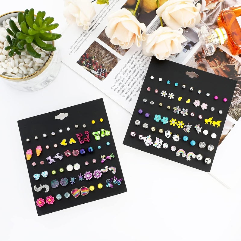 NEWITIN 100 Pairs Colorful Cute Earrings for Girls Sensitive Ears Hypoallergenic Girl Stud Earrings Set Stainless Steel Cartoon Stud for Girls and Women - Image 2