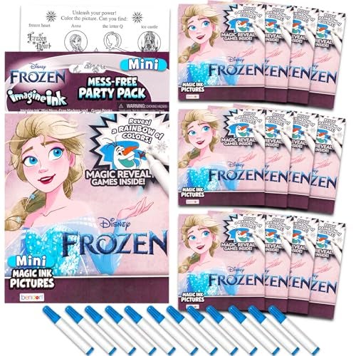 Bendon Disney Frozen Imagine Ink Coloring Book Set for Kids 12 Pack NoMess Magic Ink Coloring Books Featuring Elsa and Anna Frozen Party Favors Bundle - Image 1
