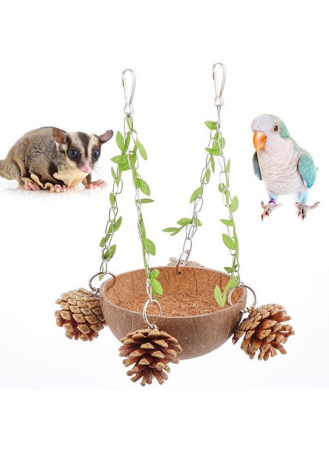 VTurboWay Bird Natural Coconut Nest Sugar Glider Hanging Swing Toy with Coconut Fiber Mat for Small Bird Parrot Parakeet Sugar Glider  - Image 1