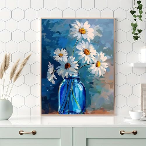 Ohhvvow White Daisy Diamond Art Painting Kits for Adults, Full Drill Blue Vase Flower Diamond Dots Paintings for Beginners, Blue Round 5D Paint with Diamonds Painting Kits for DIY Crafts, 12x16 Inch - Image 2