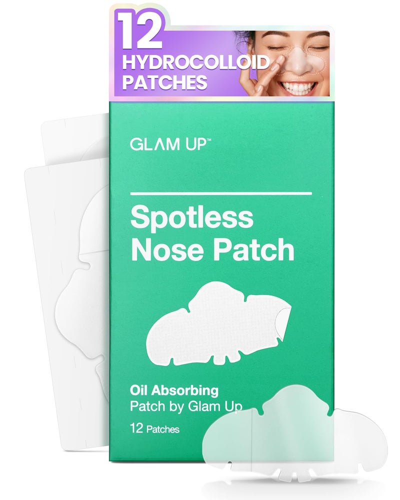 GLAM UP Spotless Nose Patch Hydrocolloid Coverage for Nose Pores Zits and Oil Overnight Strong Waterproof to Absorb Blackheads Pimple Nose Gunk and Calm with Tea Tree 12 Patches