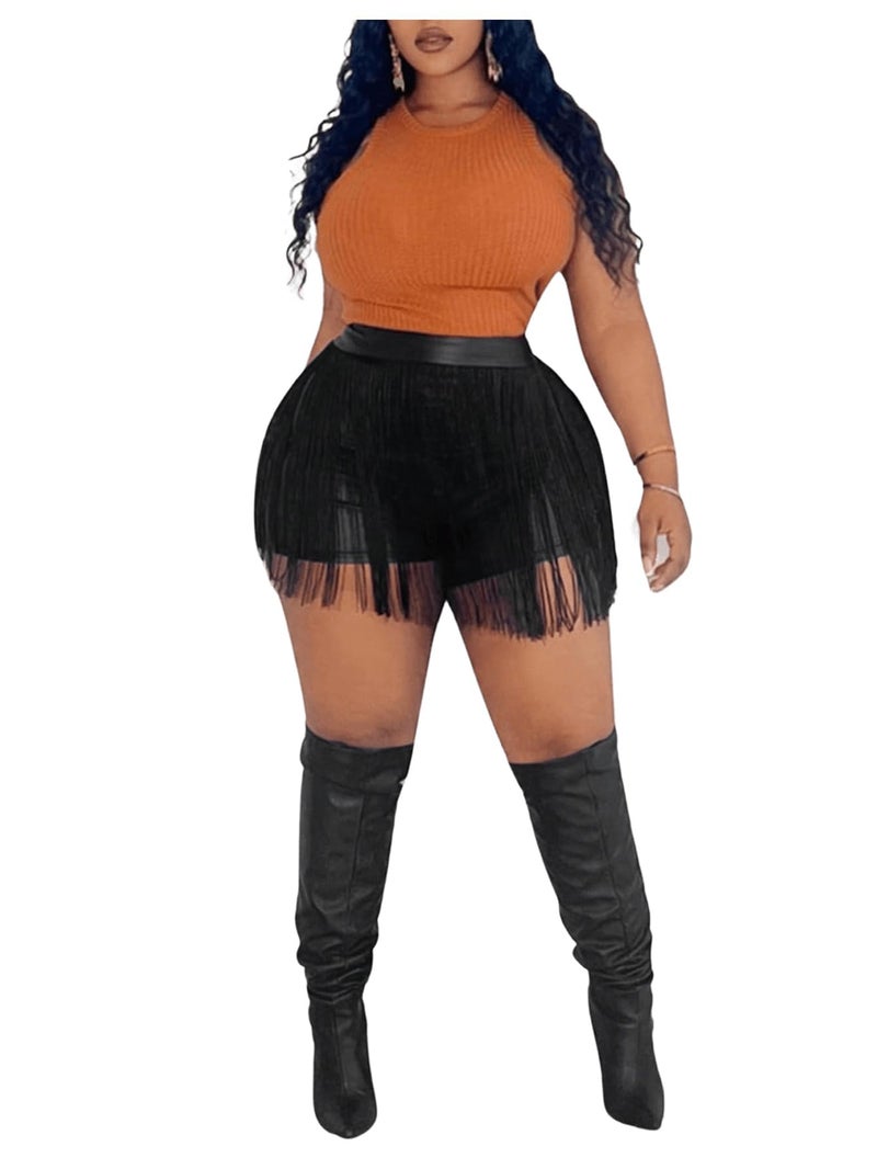 WDIRARA Women's Plus Size PU Leather Shorts High Waisted Tassel Trim Party Club Fringes Shorts Cowgirl Black XL - Image 1