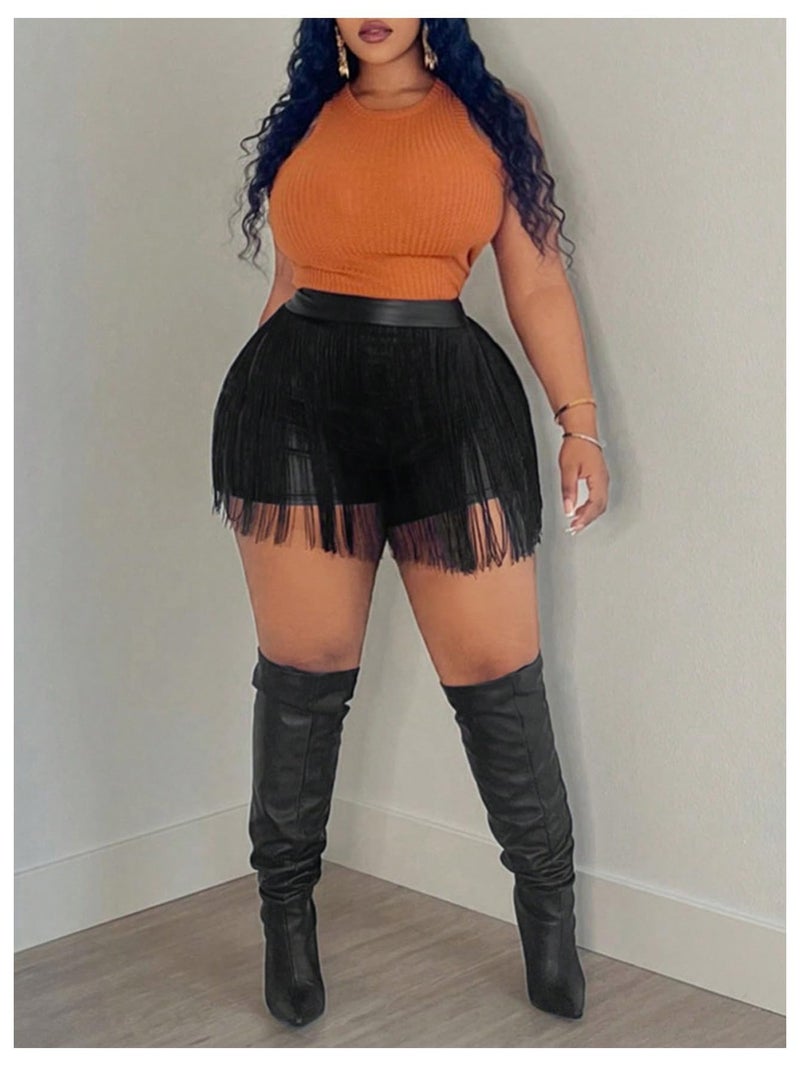 WDIRARA Women's Plus Size PU Leather Shorts High Waisted Tassel Trim Party Club Fringes Shorts Cowgirl Black XL - Image 5