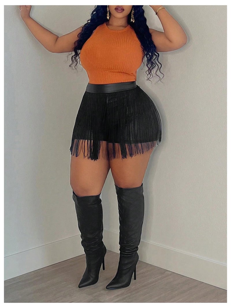 WDIRARA Women's Plus Size PU Leather Shorts High Waisted Tassel Trim Party Club Fringes Shorts Cowgirl Black XL - Image 4