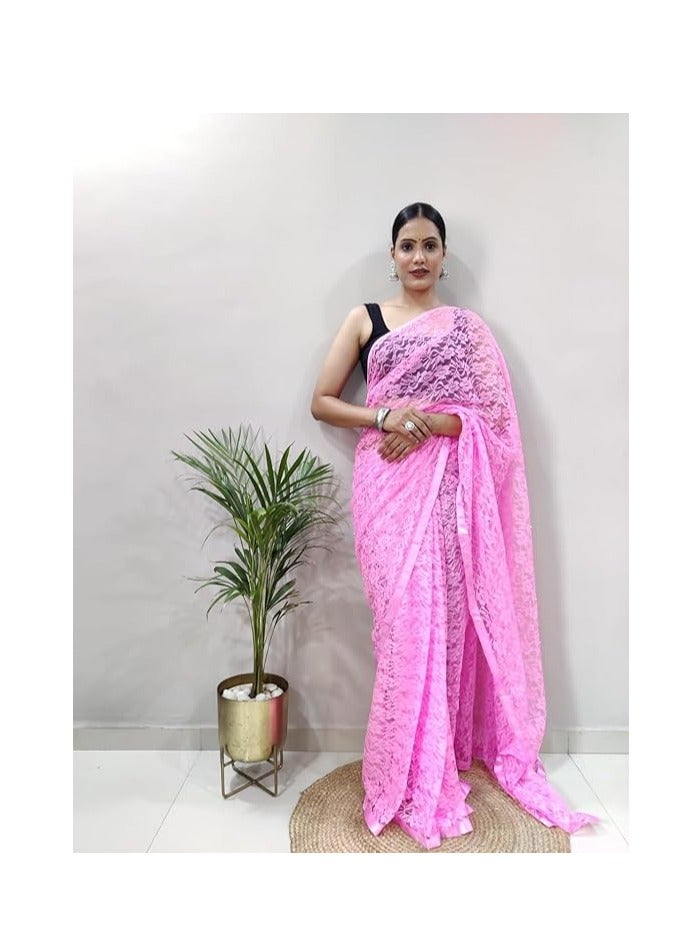 مملكة الإكسسوارات ساري نسائي من راسال نيت لؤلؤي جاهز للارتداء لمدة دقيقة واحدة مع قطعة بلوزة غير مخيطة - Image 4