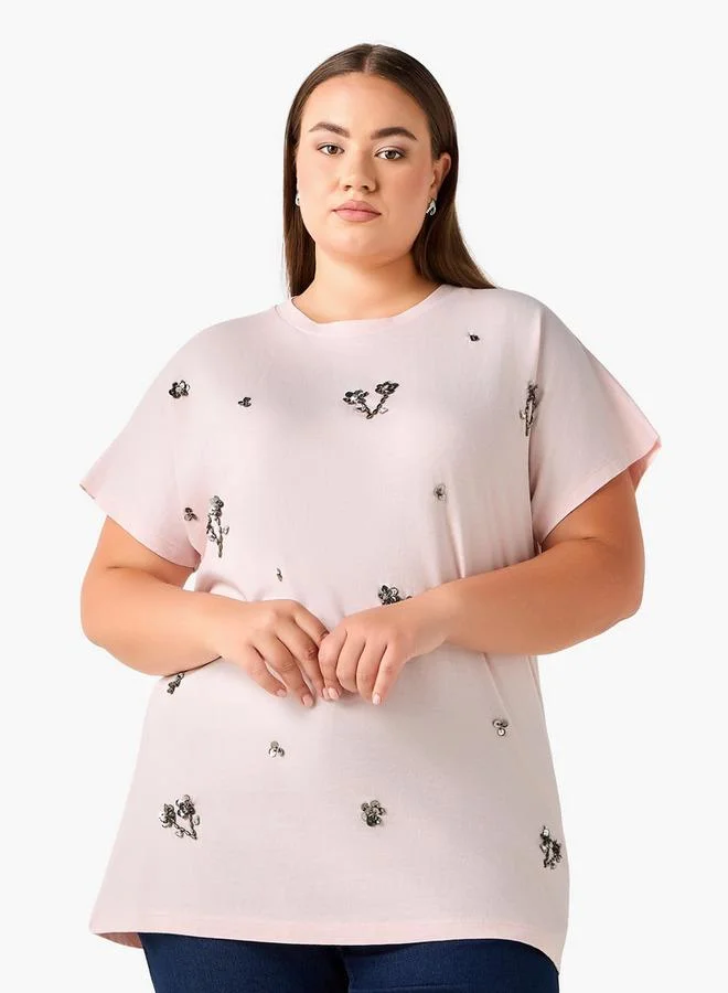 Ulla Popken Ulla Popken Relaxed Fit Cotton T-shirt with Sequin Embellishment