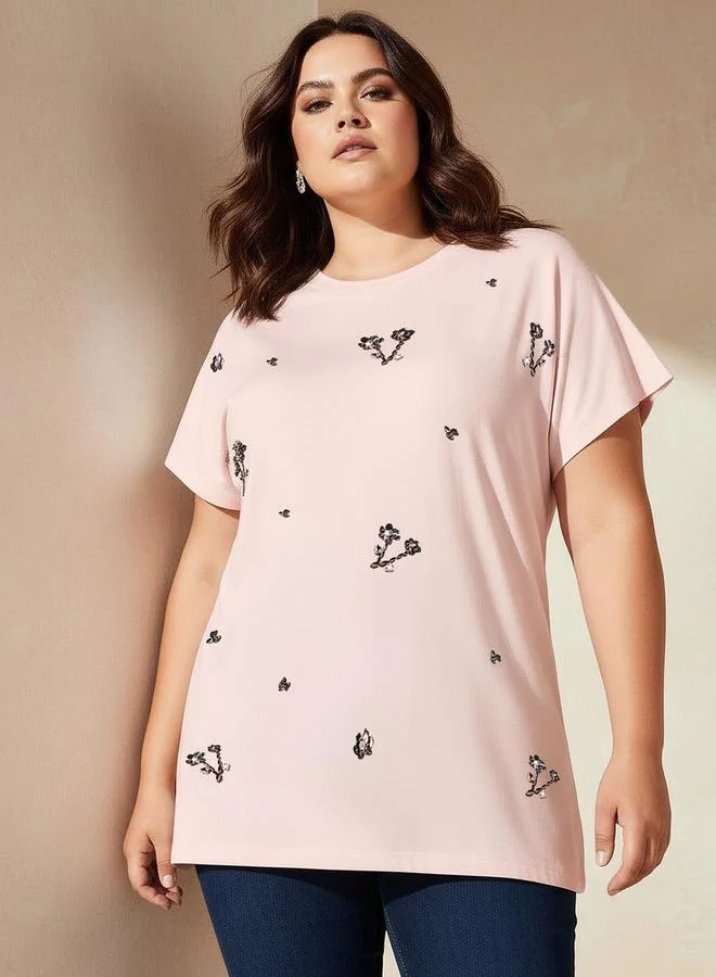 Ulla Popken Ulla Popken Relaxed Fit Cotton T-shirt with Sequin Embellishment