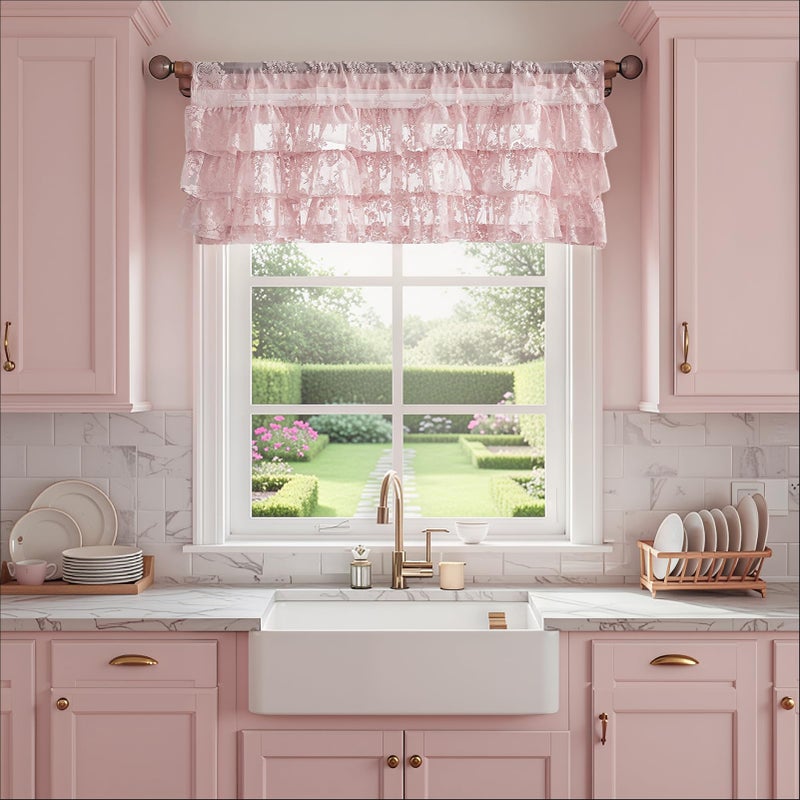 Kotile Pink Ruffle Lace Valance for Windows 1 Panel W52 x L18 Inch Country Rustic Floral Ruffle Valance for Girls Bedroom, Rod Pocket Privacy Small Window Vintage Short Ruffled Curtain 18 Inch Length - Image 2