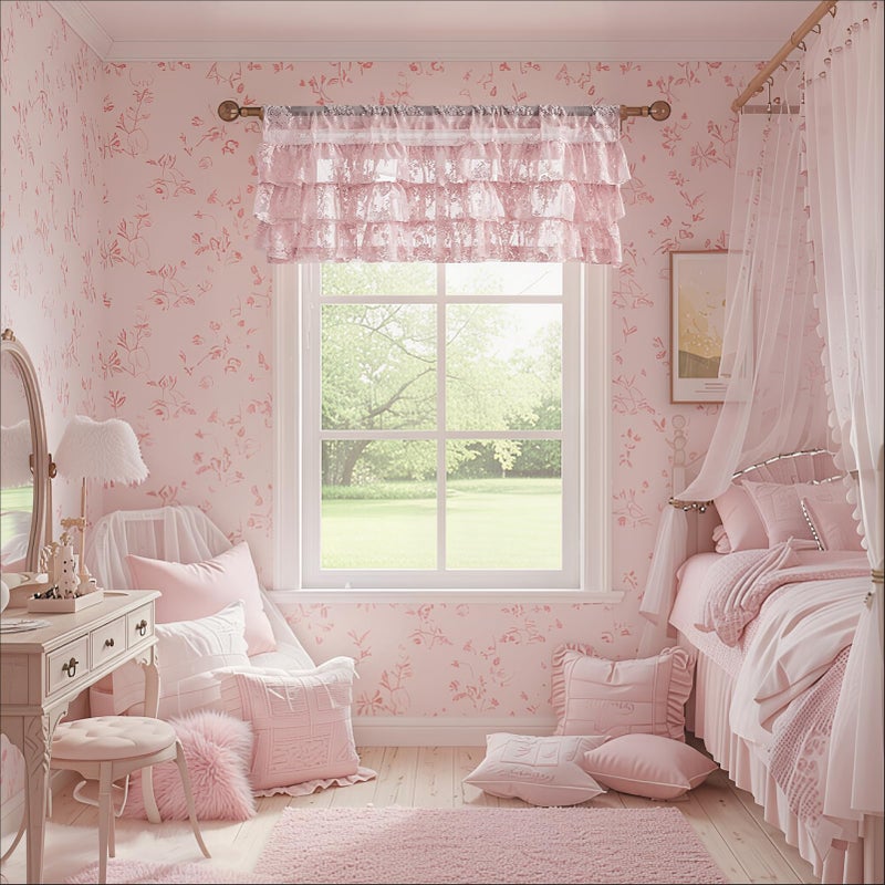 Kotile Pink Ruffle Lace Valance for Windows 1 Panel W52 x L18 Inch Country Rustic Floral Ruffle Valance for Girls Bedroom, Rod Pocket Privacy Small Window Vintage Short Ruffled Curtain 18 Inch Length - Image 5