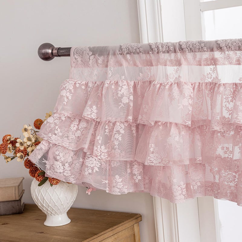 Kotile Pink Ruffle Lace Valance for Windows 1 Panel W52 x L18 Inch Country Rustic Floral Ruffle Valance for Girls Bedroom, Rod Pocket Privacy Small Window Vintage Short Ruffled Curtain 18 Inch Length - Image 1