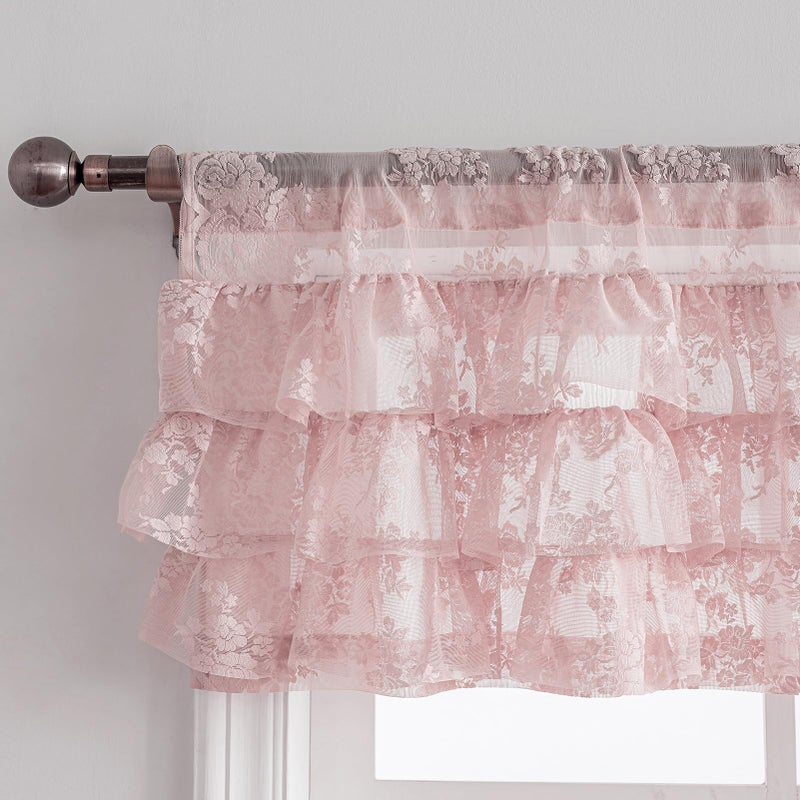 Kotile Pink Ruffle Lace Valance for Windows 1 Panel W52 x L18 Inch Country Rustic Floral Ruffle Valance for Girls Bedroom, Rod Pocket Privacy Small Window Vintage Short Ruffled Curtain 18 Inch Length - Image 3