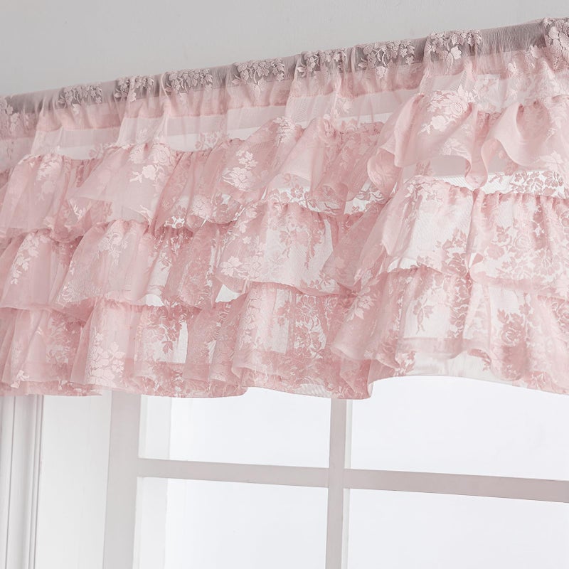 Kotile Pink Ruffle Lace Valance for Windows 1 Panel W52 x L18 Inch Country Rustic Floral Ruffle Valance for Girls Bedroom, Rod Pocket Privacy Small Window Vintage Short Ruffled Curtain 18 Inch Length - Image 4