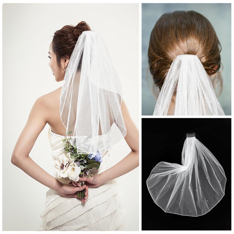 Opvixi White Short Wedding Veil, Pearl Bridal Veil with Comb, Bride to Be Veil for Bachelorette Party, Bridal Shower, Wedding - Image 4