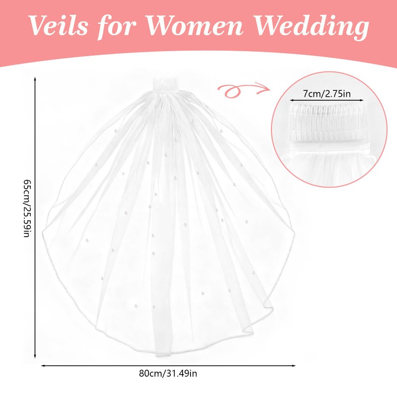 Opvixi White Short Wedding Veil, Pearl Bridal Veil with Comb, Bride to Be Veil for Bachelorette Party, Bridal Shower, Wedding - Image 2