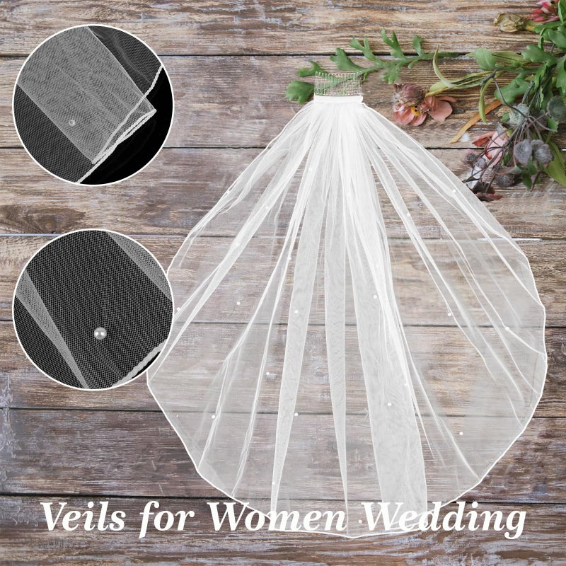 Opvixi White Short Wedding Veil, Pearl Bridal Veil with Comb, Bride to Be Veil for Bachelorette Party, Bridal Shower, Wedding - Image 3