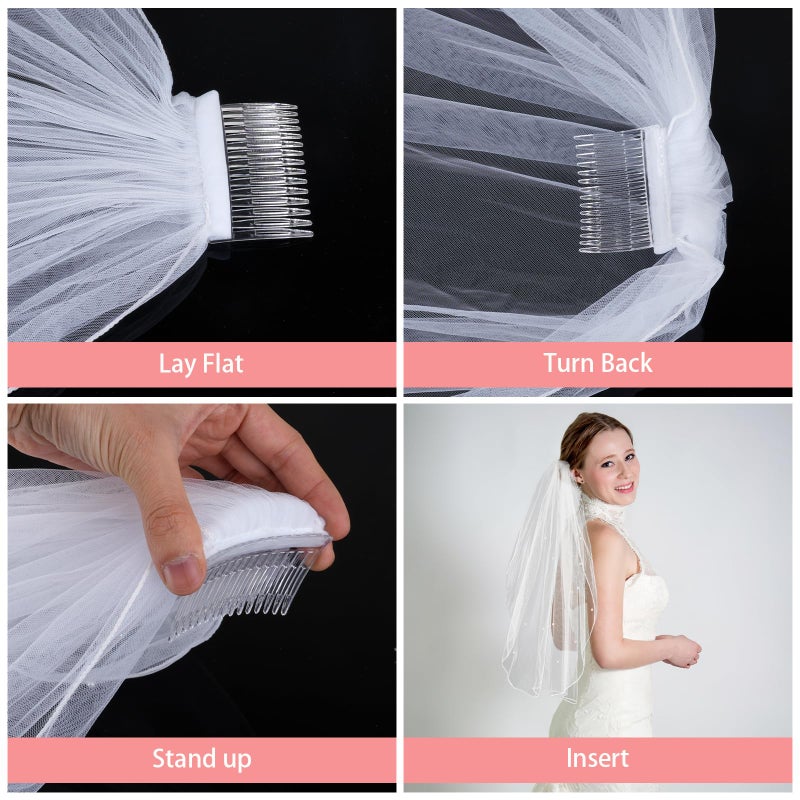 Opvixi White Short Wedding Veil, Pearl Bridal Veil with Comb, Bride to Be Veil for Bachelorette Party, Bridal Shower, Wedding - Image 5