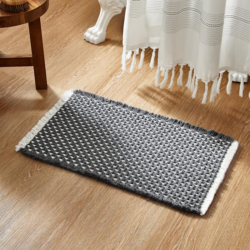 TYUU Boho Bathroom Rugs, Super Absorbent Non Slip Waffle Bath Mat Quick Dry Bath Rugs Washable Boho Farmhouse Bathroom Rugs, Dark Grey and White 24"x16" - Image 1