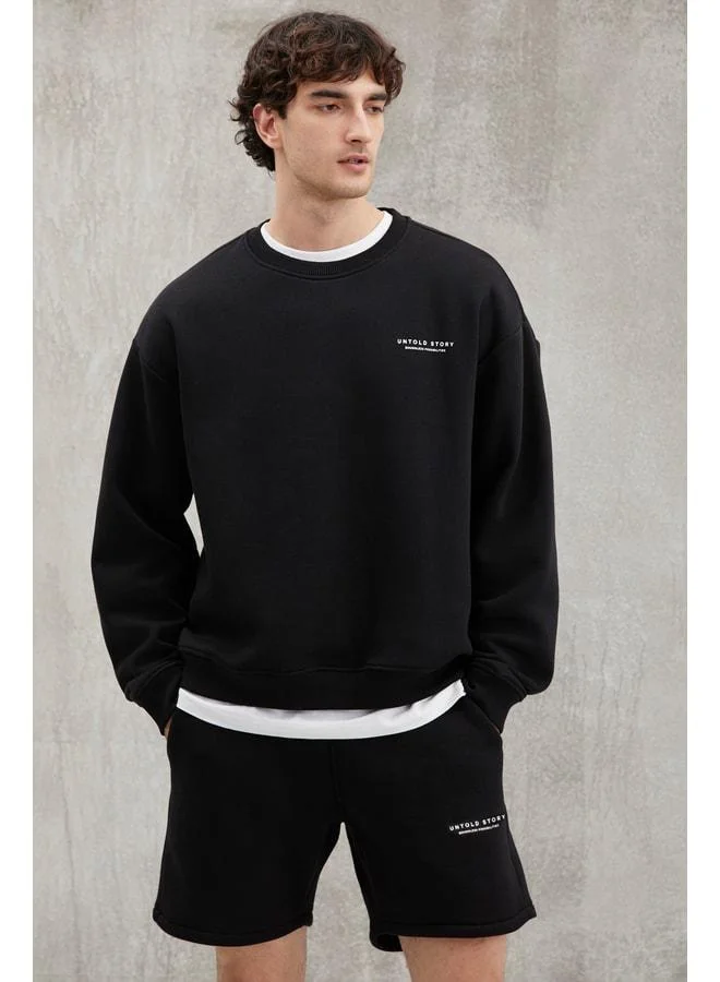 GRIMELANGE Bryan Men's Soft Fabric 3-Yarn Oversized Loose-Fit Round Collar Printed Black Sweatshirt.