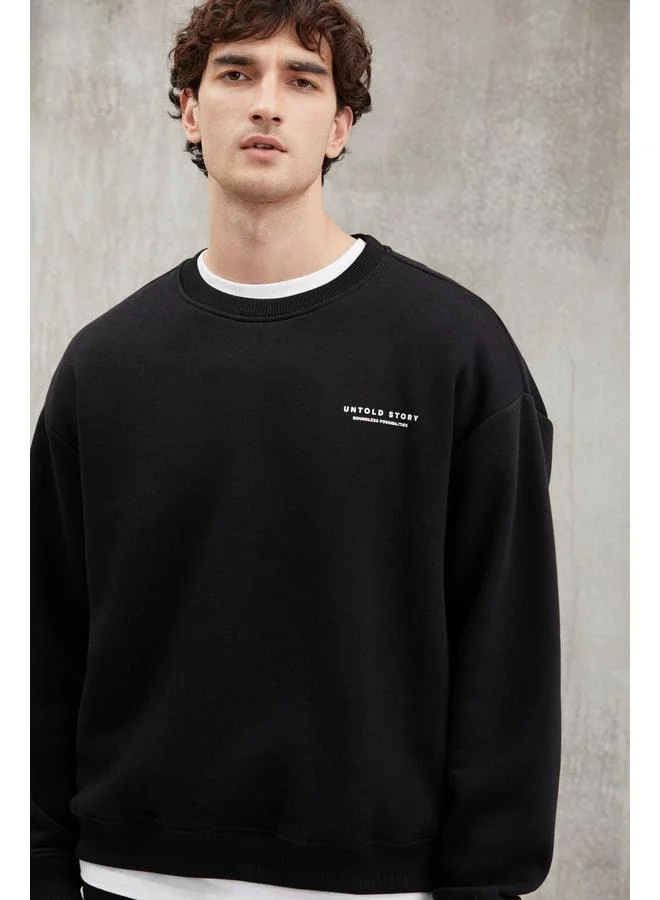 GRIMELANGE Bryan Men's Soft Fabric 3-Yarn Oversized Loose-Fit Round Collar Printed Black Sweatshirt.