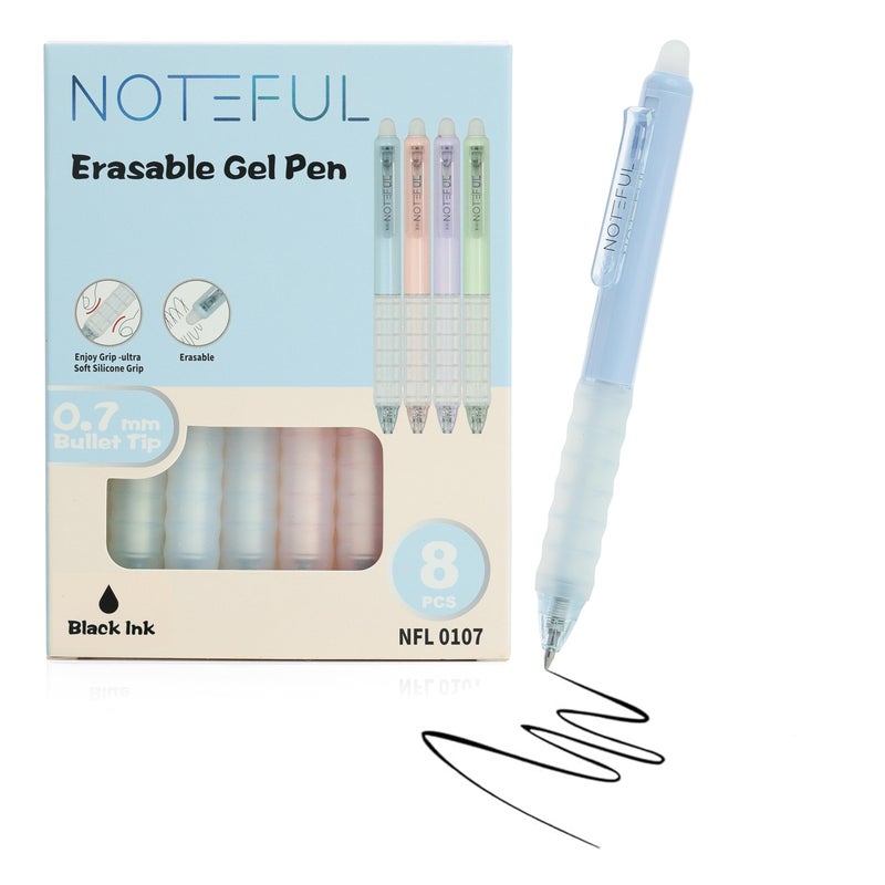 NOTEFUL Retractable Erasable Gel Pens Clicker, Fine Point 0.7, Premium Comfort Grip for Smooth Writing Planner and School Supplies - Black (Pack of 8) - Image 1