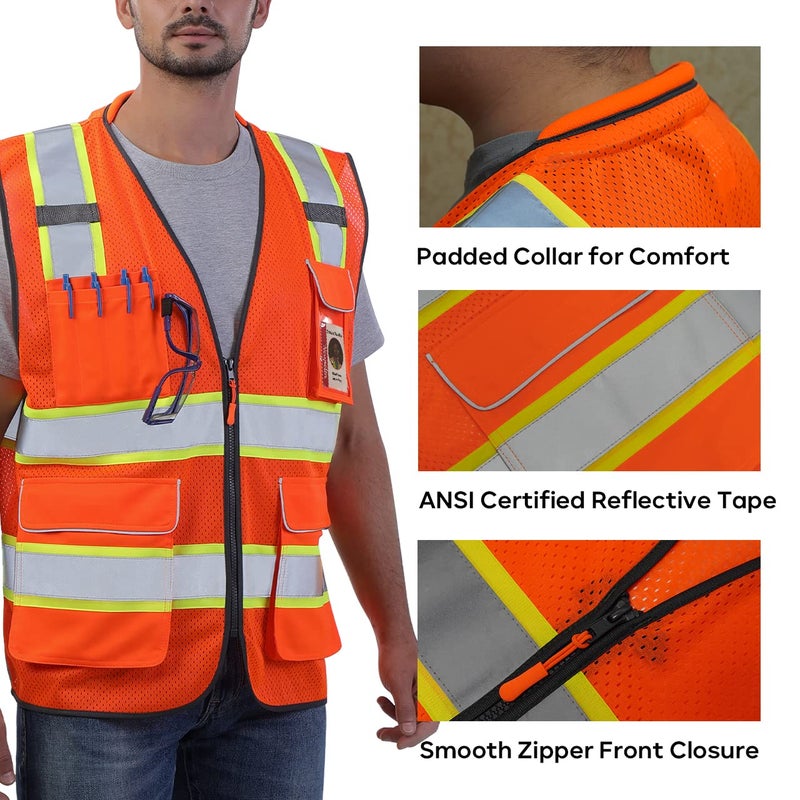 Neopelta Reflective Safety Vest Orange Mesh, High Visibility Vest with Pockets and Zipper, Padded Neck, Construction Work Vest ANSI Class 2, Orange with Yellow Trim XL - Image 3