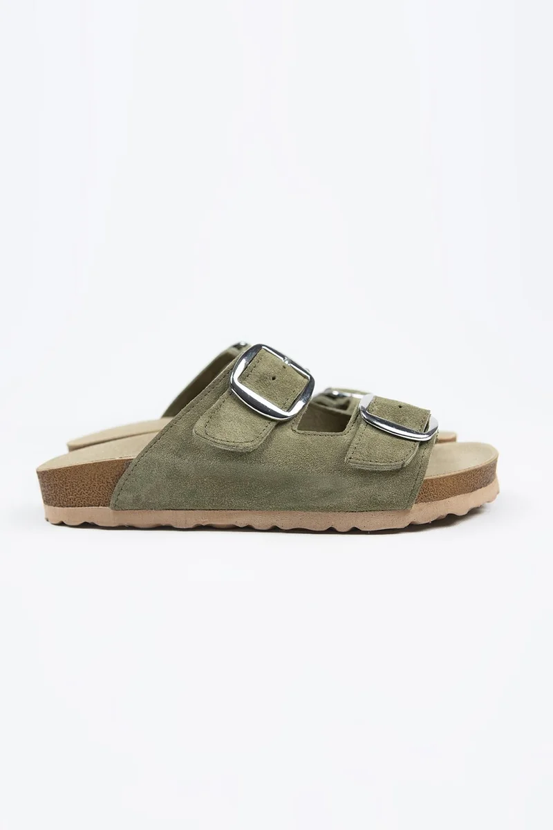 Manijero Manijero Irene Women's Genuine Leather Double Buckle Sea Green - Silver Slippers