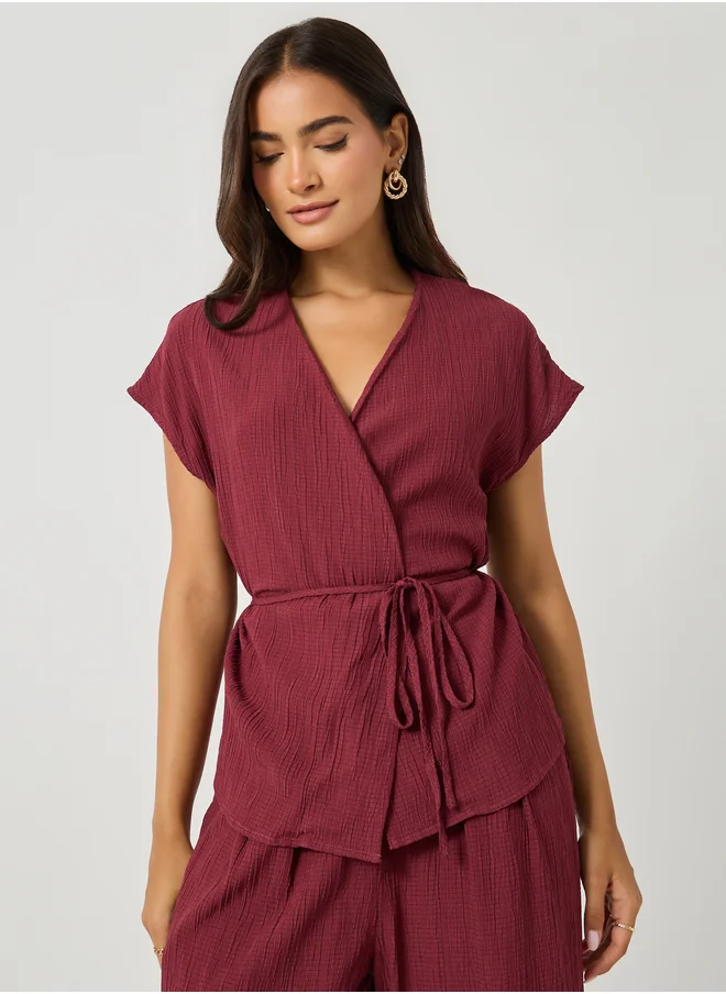 ستايلي Textured Wrap Tie-Up Top and Pants Co-Ords