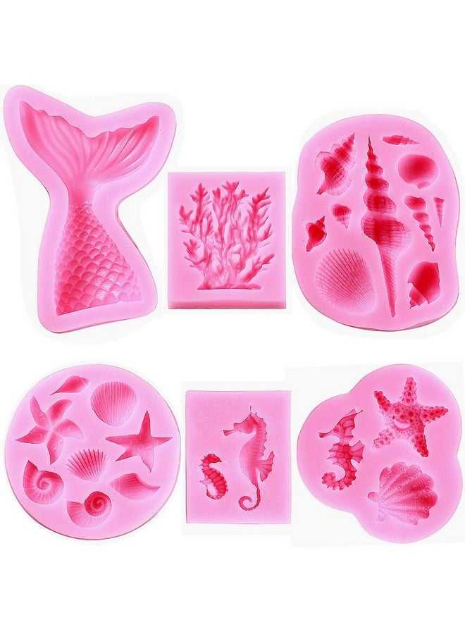 HASTHIP Fondant Silicone Mold,Seashell,Conch, Mermaid Tail,Seahorse,Starfish,Coral, DIY Handmade Baking Tools for Mermaid Theme Cake Decoration(6pack), 10L x 10W x 5H cm - Image 1