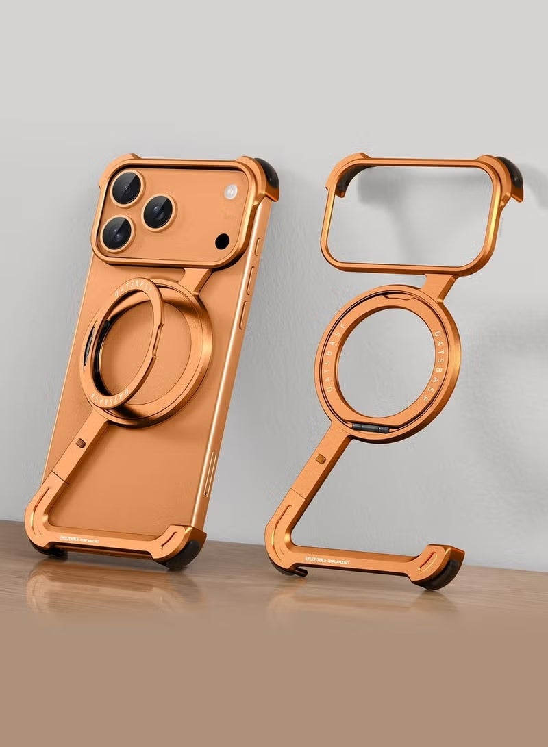 Raxoom iPhone 17 Pro Max Case with 360 Degree Rotating Kickstand, Shock Absorbing Z Case, MagSafe Compatible, Slim Metal Frame Protective Fit Orange - Image 5