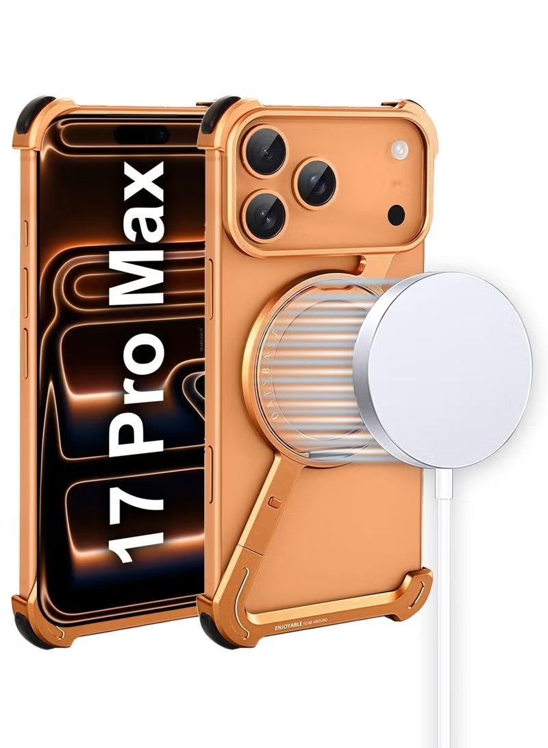 Raxoom iPhone 17 Pro Max Case with 360 Degree Rotating Kickstand, Shock Absorbing Z Case, MagSafe Compatible, Slim Metal Frame Protective Fit Orange - Image 4
