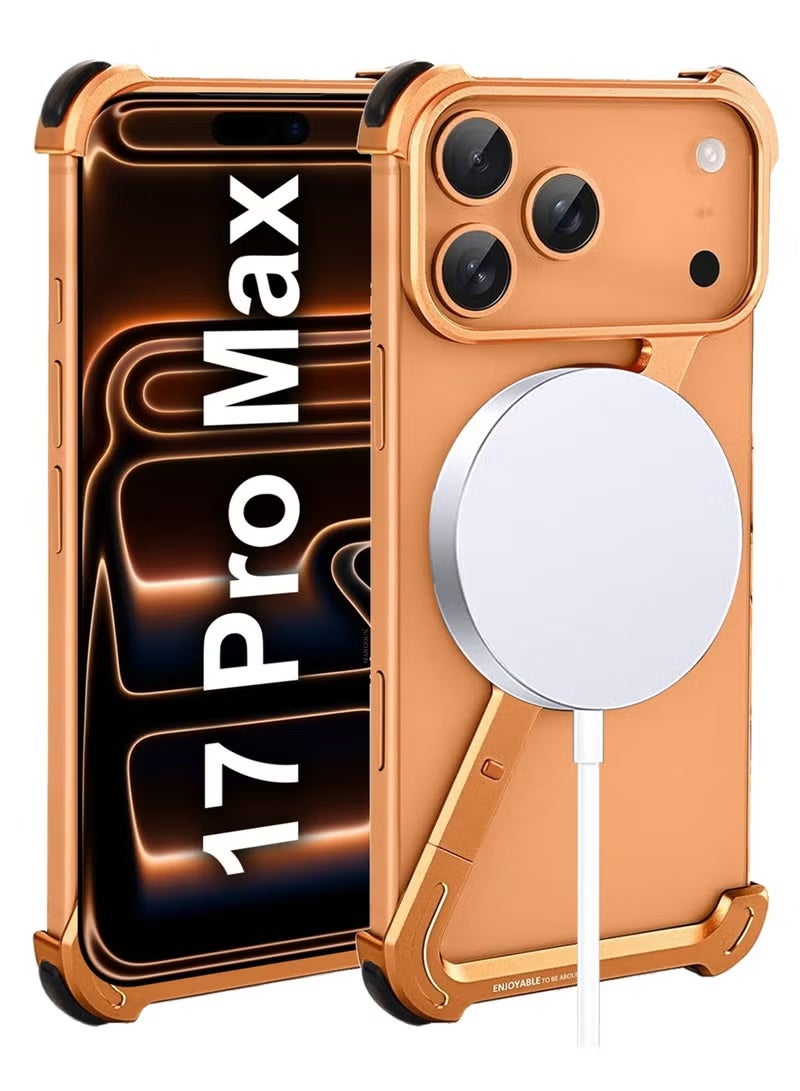 Raxoom iPhone 17 Pro Max Case with 360 Degree Rotating Kickstand, Shock Absorbing Z Case, MagSafe Compatible, Slim Metal Frame Protective Fit Orange - Image 3