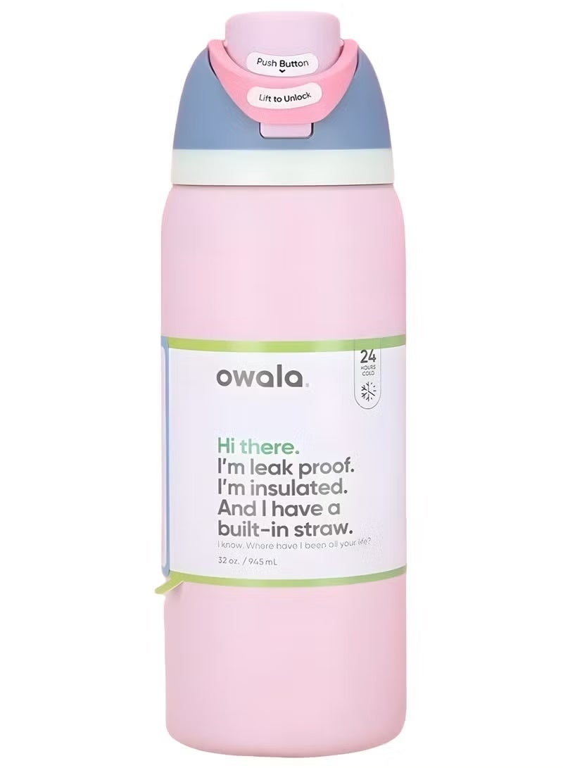 Owala FreeSip Insulated Stainless Steel Water Bottle with Straw, Leak Proof, BPA-Free, 32oz Iced Breeze, 1-Pack, (Macaron Strawberry)