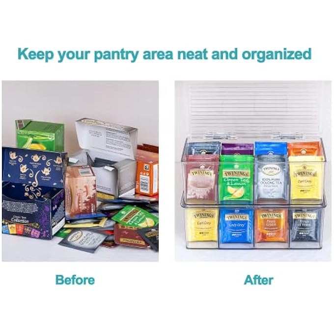 إكسفور منظم أكياس الشاي القابل للتكديس، مكون من قطعتين، صندوق تخزين بلاستيكي للشاي، مناسب للخزائن وأسطح العمل في المطبخ، حامل لأكياس الشاي، أكياس القهوة والسكر، أكياس صغيرة - Image 5