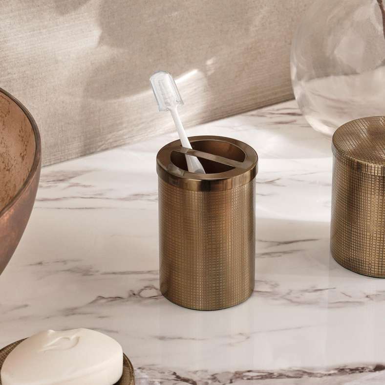 Pan Home حامل فرشاة الأسنان المعدني نورويل 7.5x7.5x11.5 سم - ذهب عتيق - Image 1
