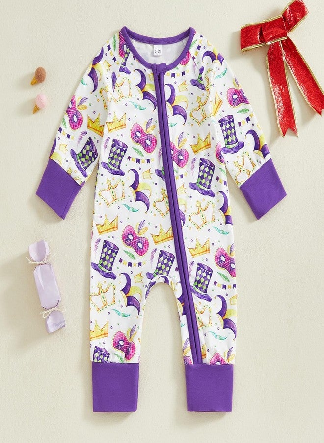 Lamuusaa Newborn Baby Girl Boy Mardi Gras Outfit Long Sleeve Mask Crown Romper Zipper Bodysuit One Piece Jumpsuit (White, 0-3 Months) - Image 2
