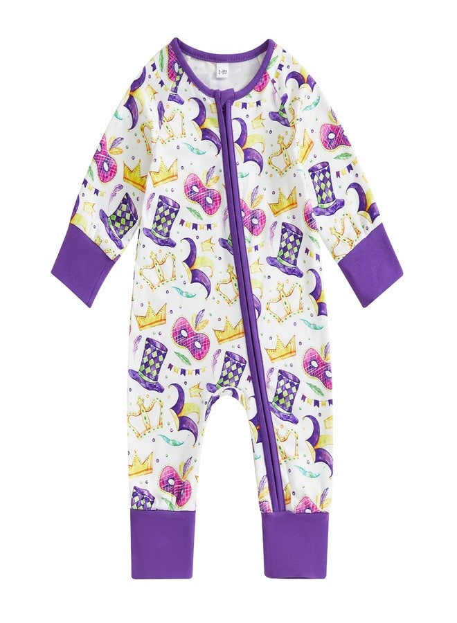 Lamuusaa Newborn Baby Girl Boy Mardi Gras Outfit Long Sleeve Mask Crown Romper Zipper Bodysuit One Piece Jumpsuit (White, 0-3 Months) - Image 1