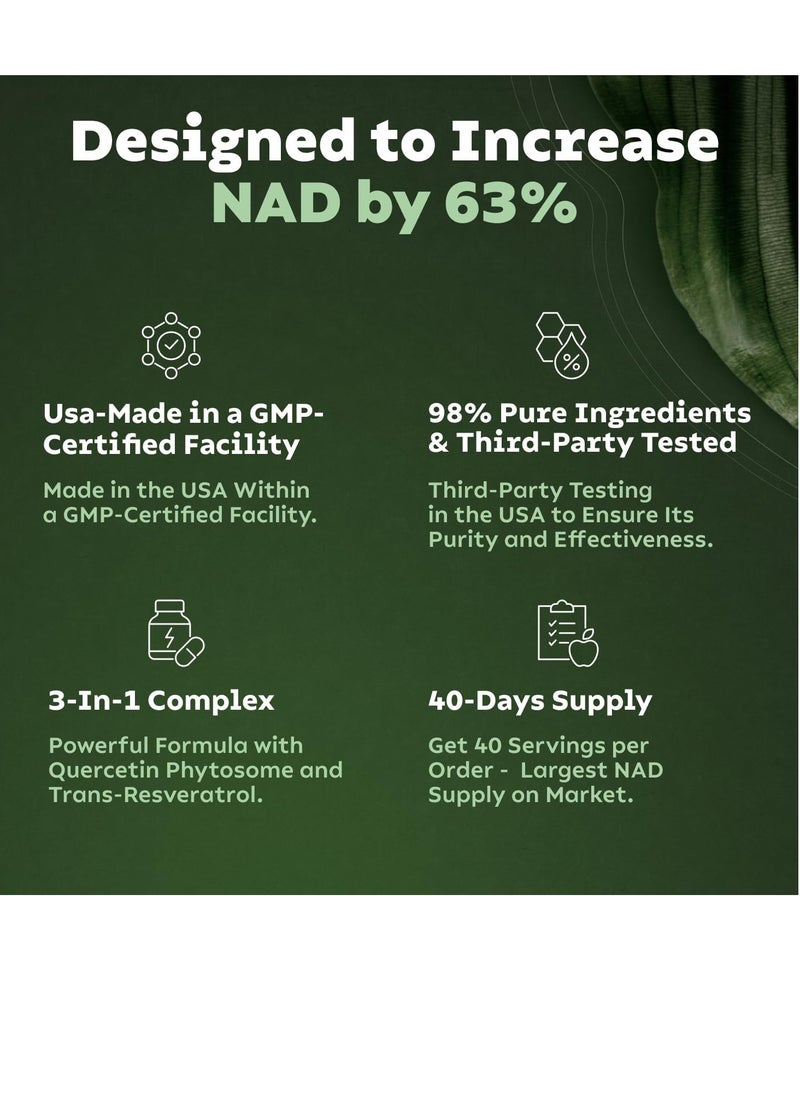 Reus Research NMN Supplement Alternative - Liposomal Nicotinamide Riboside, Resveratrol, Quercetin by Reus Research - High Purity NAD Supplement for Anti-Aging, Energy, Focus - 80 Capsules