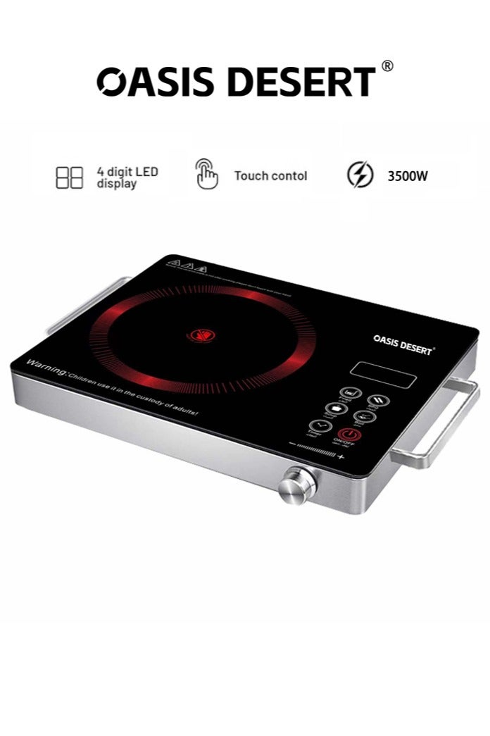 صحراء الواحة موقد رقمي يعمل بالأشعة تحت الحمراء مع عنصر تسخين سيراميكي بقوة 3500 واط، وشاشة LED بأربعة أرقام، ومستويات درجة حرارة قابلة للتعديل، وموقد كهربائي سيراميكي متعدد الوظائف باللون الأسود - Image 1