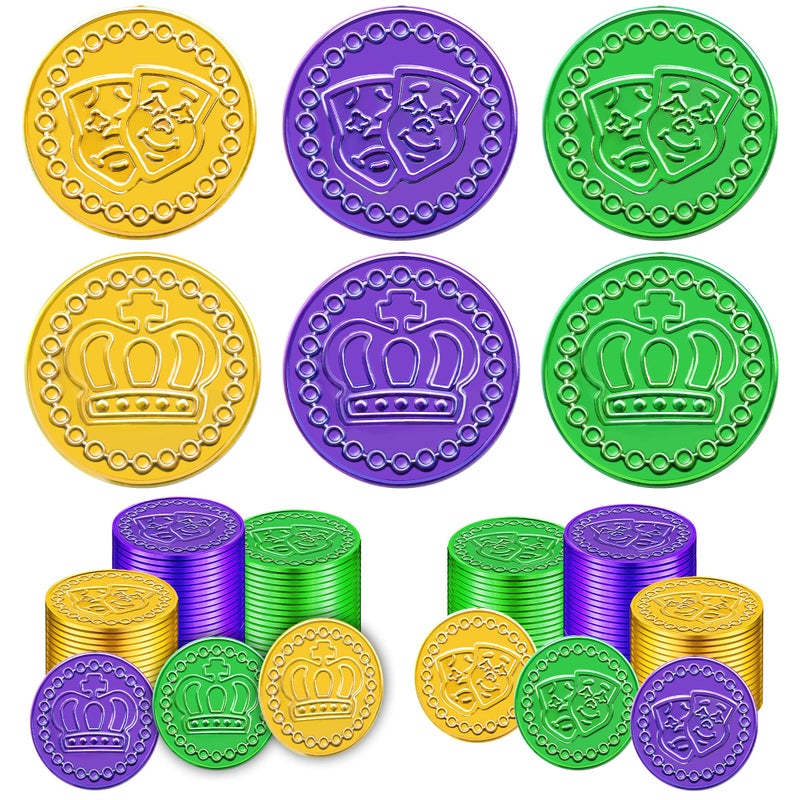 SpinLaLa 100 Count Mardi Gras Plastic Coins - Assorted Purple Green Gold Coins for Mardi Gras Decorations Parade Party Favors, Play Coins for Kids Party Theme Props Decoration - Image 3