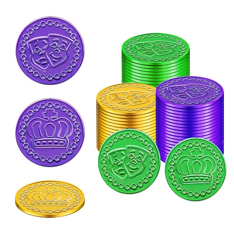 SpinLaLa 100 Count Mardi Gras Plastic Coins - Assorted Purple Green Gold Coins for Mardi Gras Decorations Parade Party Favors, Play Coins for Kids Party Theme Props Decoration - Image 5
