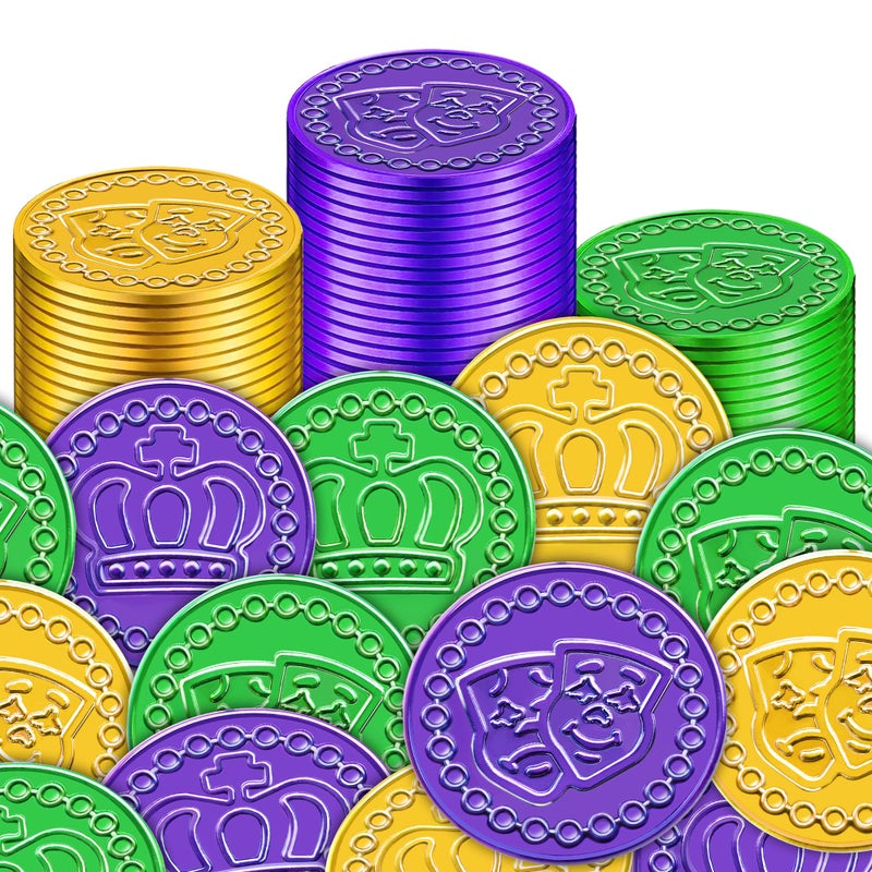 SpinLaLa 100 Count Mardi Gras Plastic Coins - Assorted Purple Green Gold Coins for Mardi Gras Decorations Parade Party Favors, Play Coins for Kids Party Theme Props Decoration - Image 4