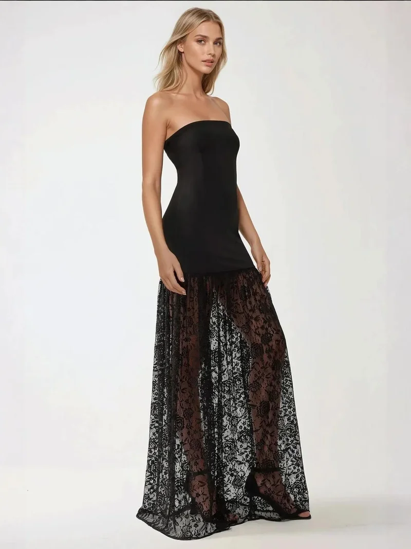 هيكاب فستان ماكسي ضيق بدون حمالات بتفاصيل دانتيل