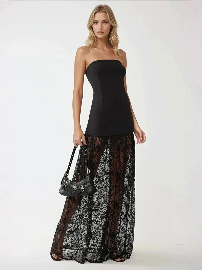 هيكاب فستان ماكسي ضيق بدون حمالات بتفاصيل دانتيل