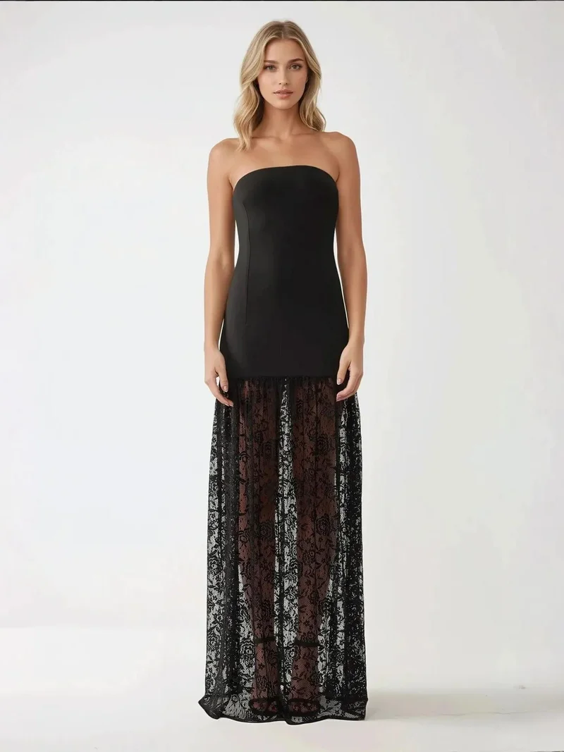 HICCUP Black Strapless Maxi Bodycon Dress with Lace Details for Women | Best Price UAE