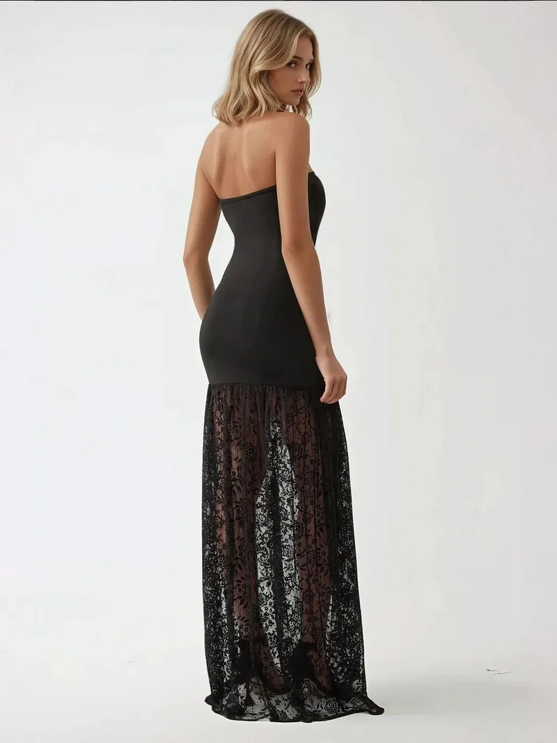 HICCUP Black Strapless Maxi Bodycon Dress with Lace Details for Women | Best Price UAE