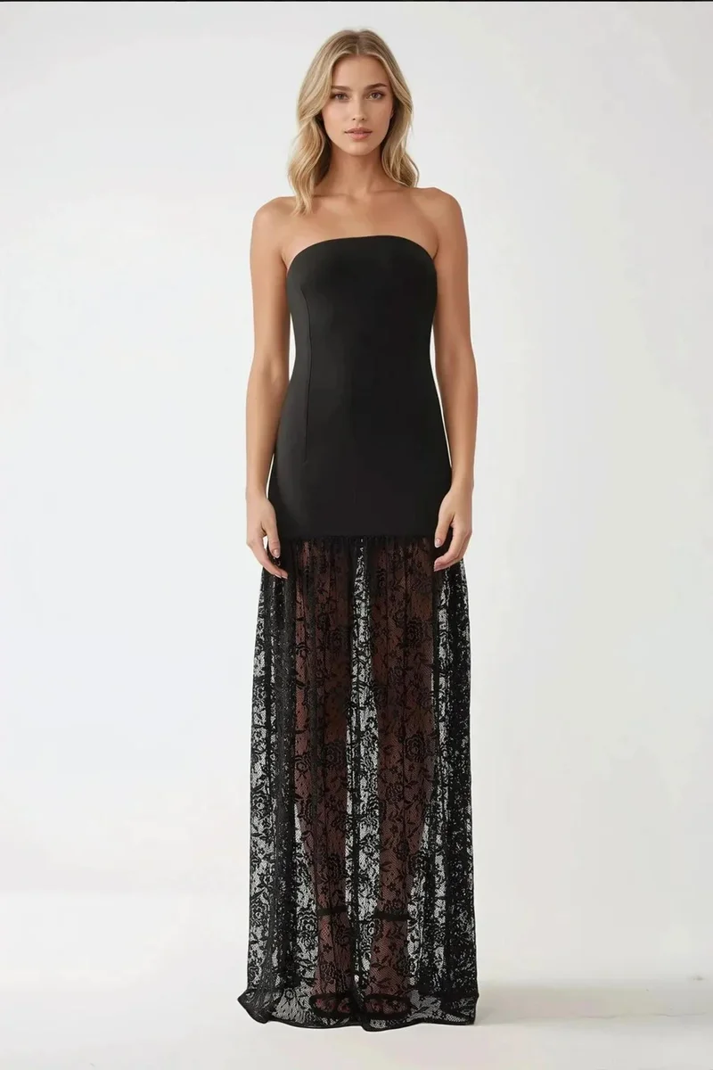 Hiccup Black Strapless Maxi Bodycon Dress with Lace Details for Women | Best Price UAE