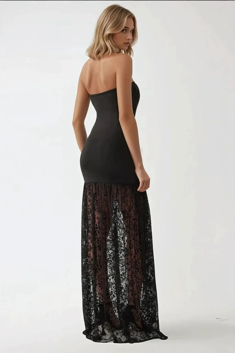 Hiccup Black Strapless Maxi Bodycon Dress with Lace Details for Women | Best Price UAE
