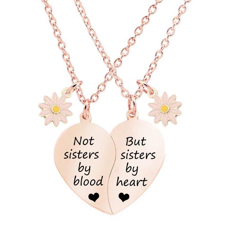 MJartoria قلادة MJartoria BFF لقلوب مقسومة لاثنين ليست أخوات بالدم قلادة أفضل صديق مجموعة قلادات لعيد الحب هدايا لها (ذهب وردي، أ-ديزي) - Image 1
